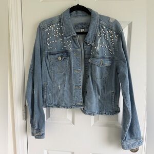 Light Blue Distressed Pearl-Embellished Denim Jacket